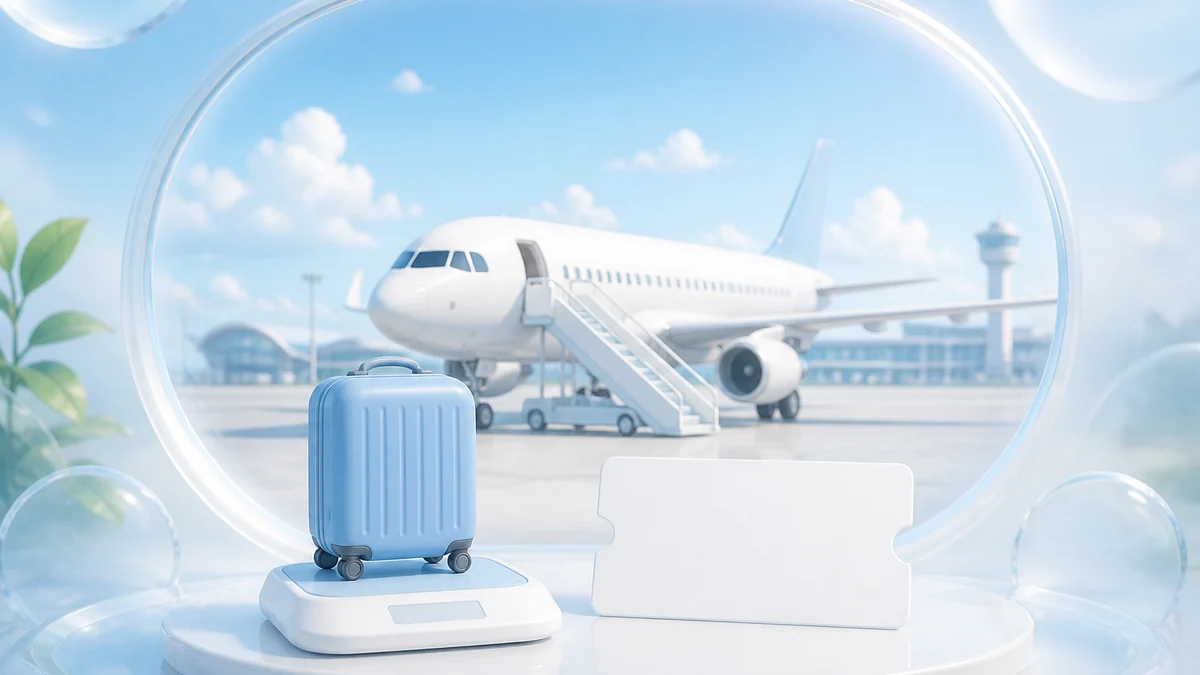 搭乗用階段のある飛行機と重量計に載せた機内持ち込みバッグ